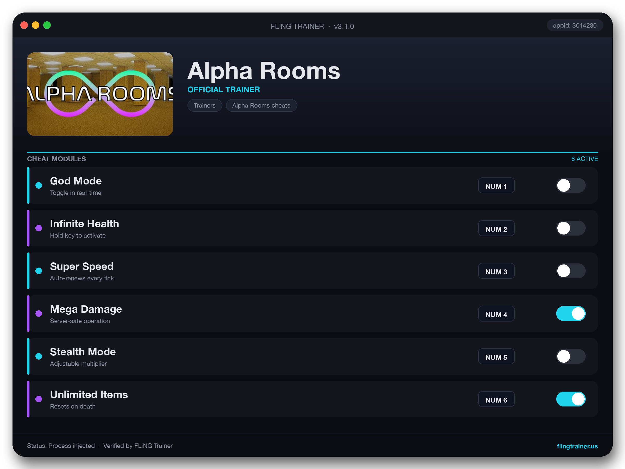Alpha Rooms Trainer interface