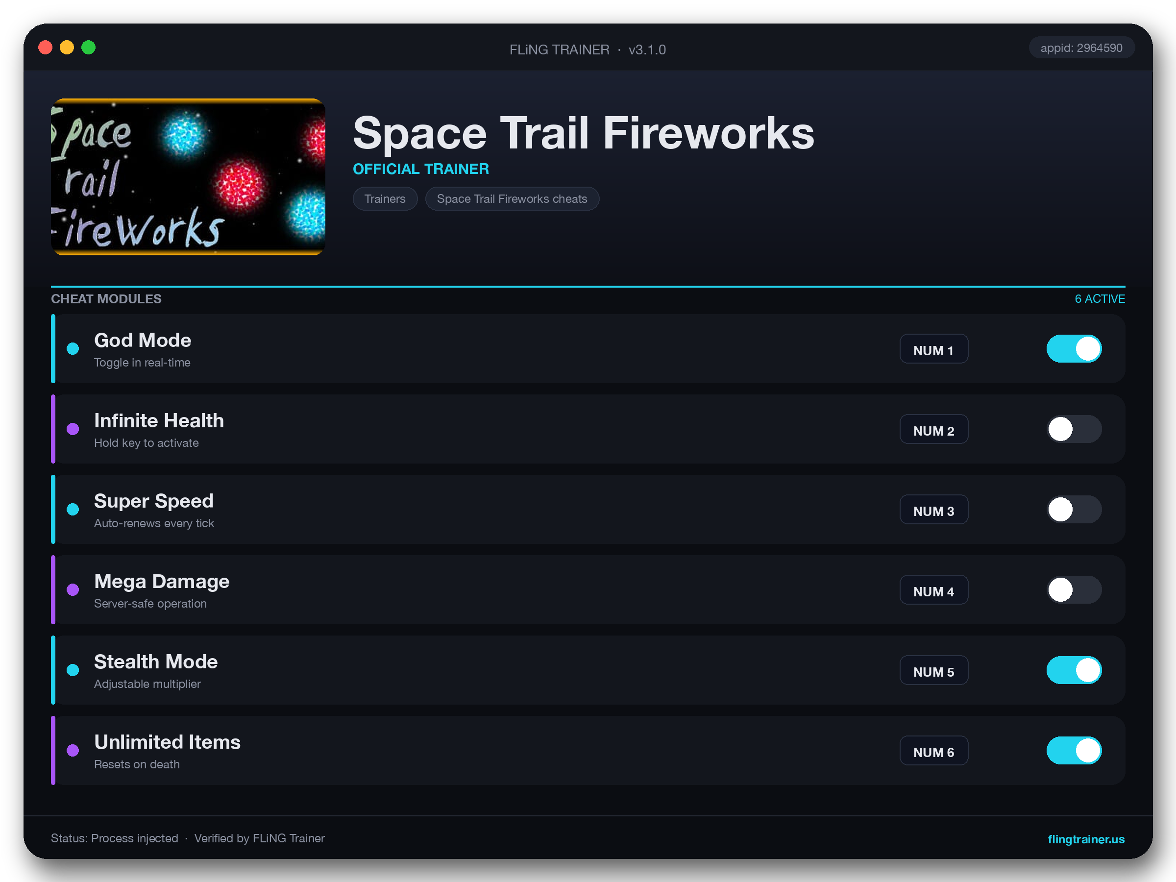 Space Trail Fireworks Trainer interface