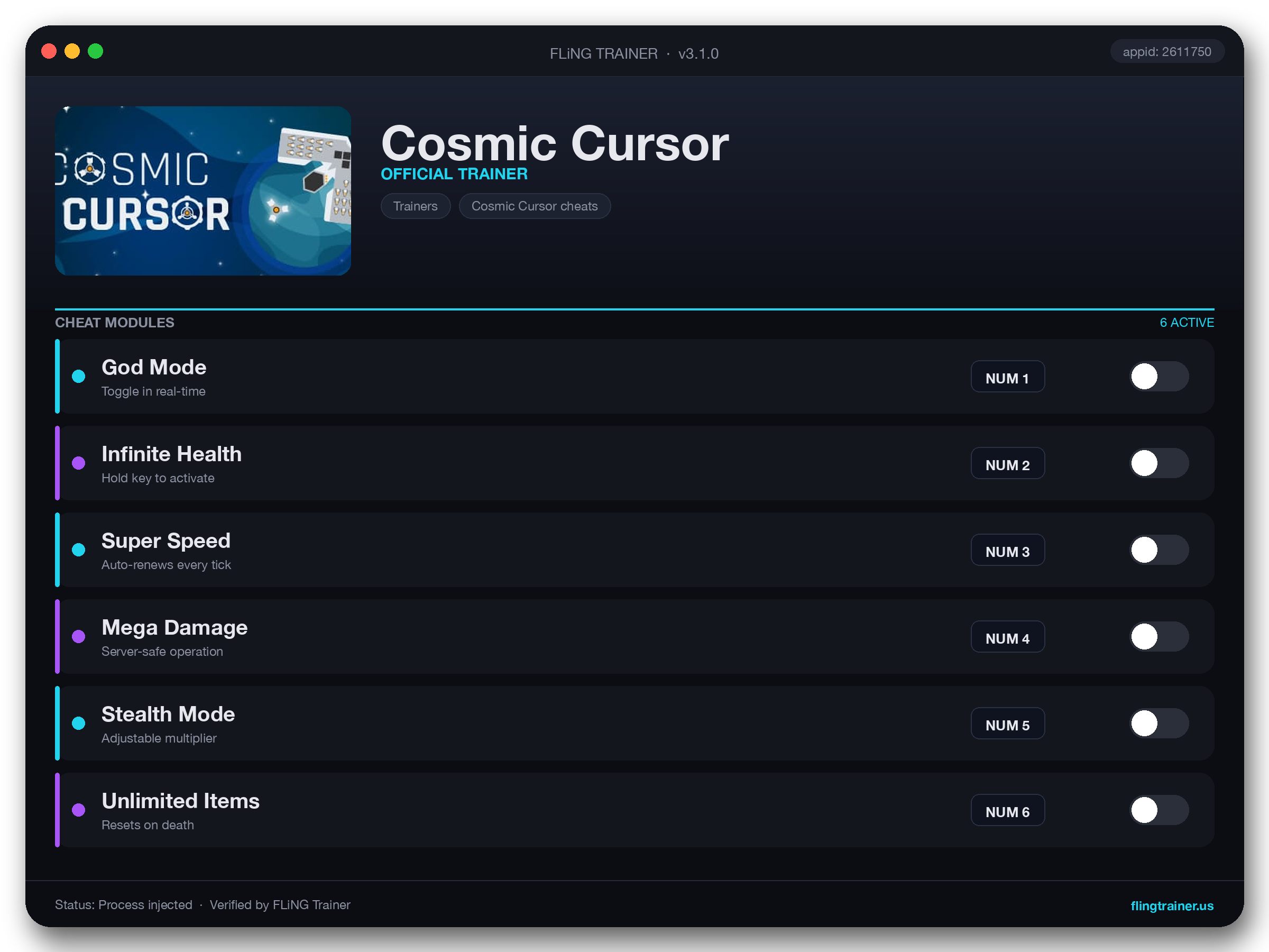 Cosmic Cursor Trainer interface