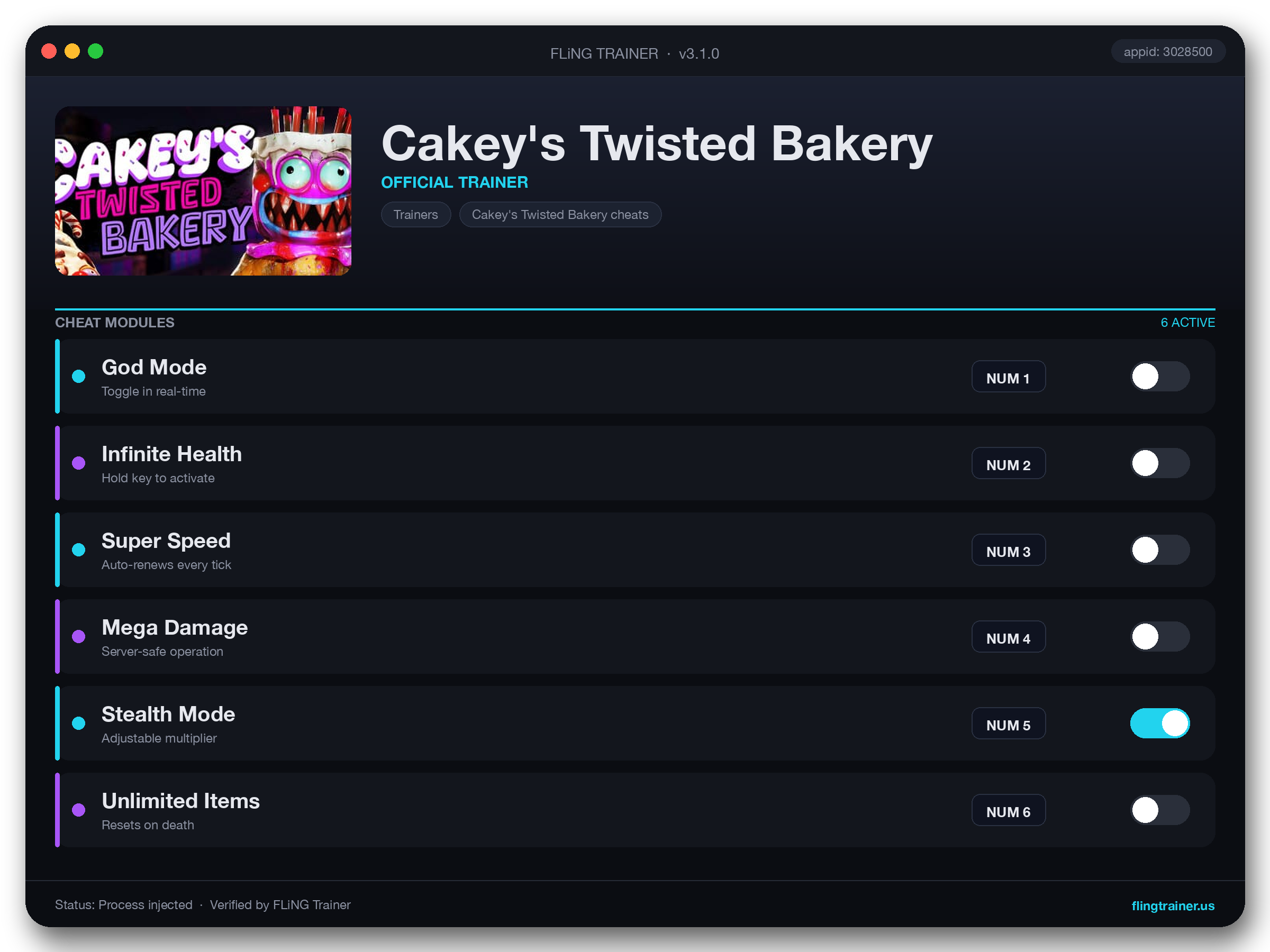 Cakey's Twisted Bakery Trainer interface
