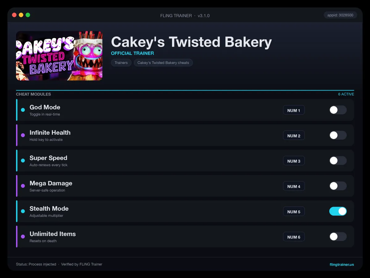 Cakey's Twisted Bakery Trainer interface