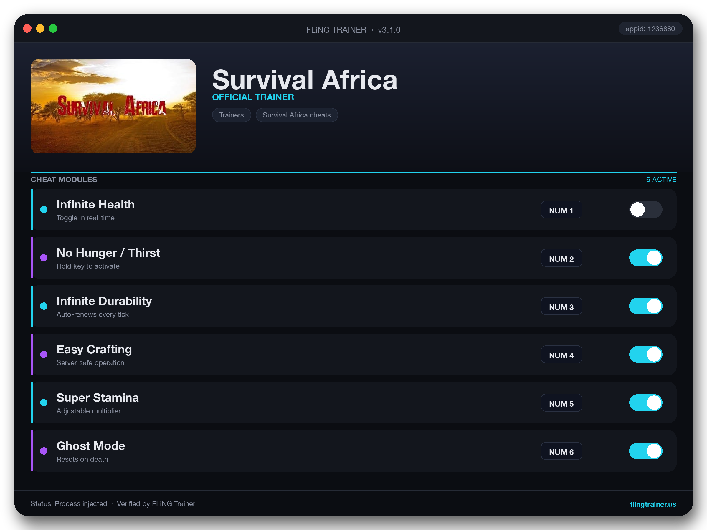 Survival Africa Trainer interface