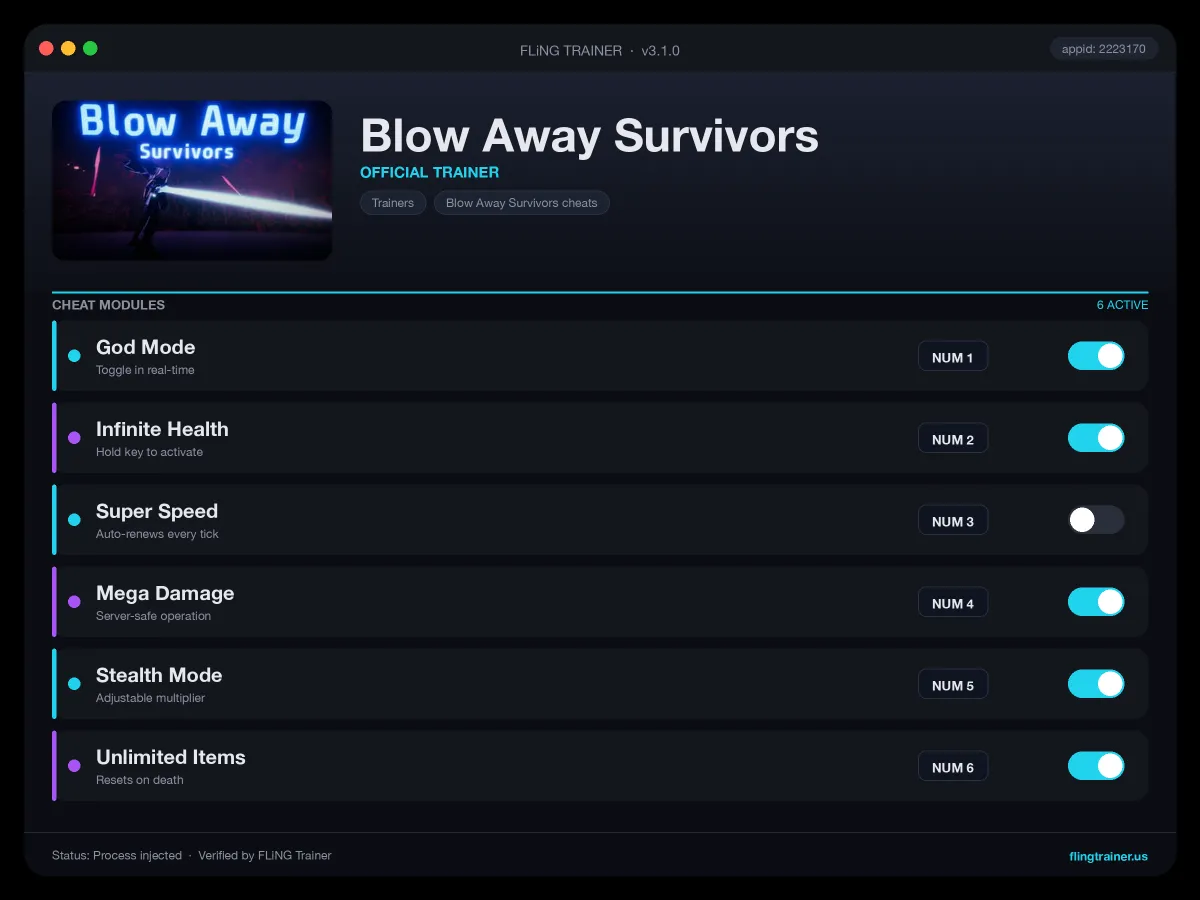 Blow Away Survivors Trainer interface