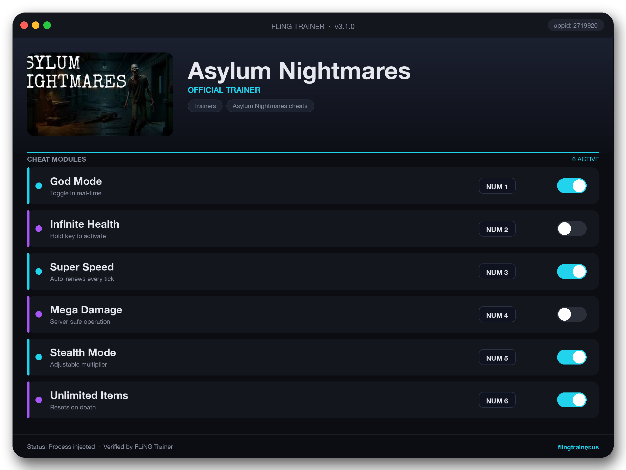 Asylum Nightmares Trainer interface