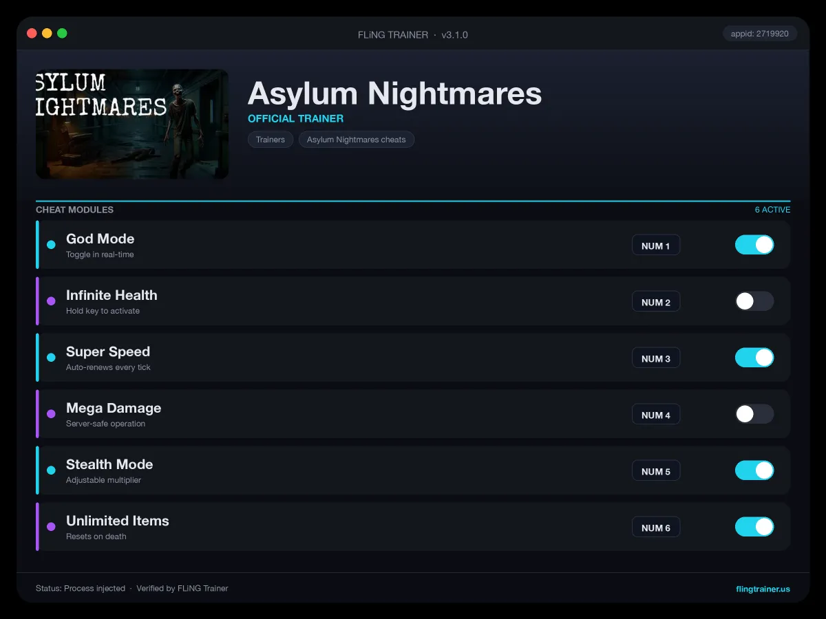 Asylum Nightmares Trainer interface