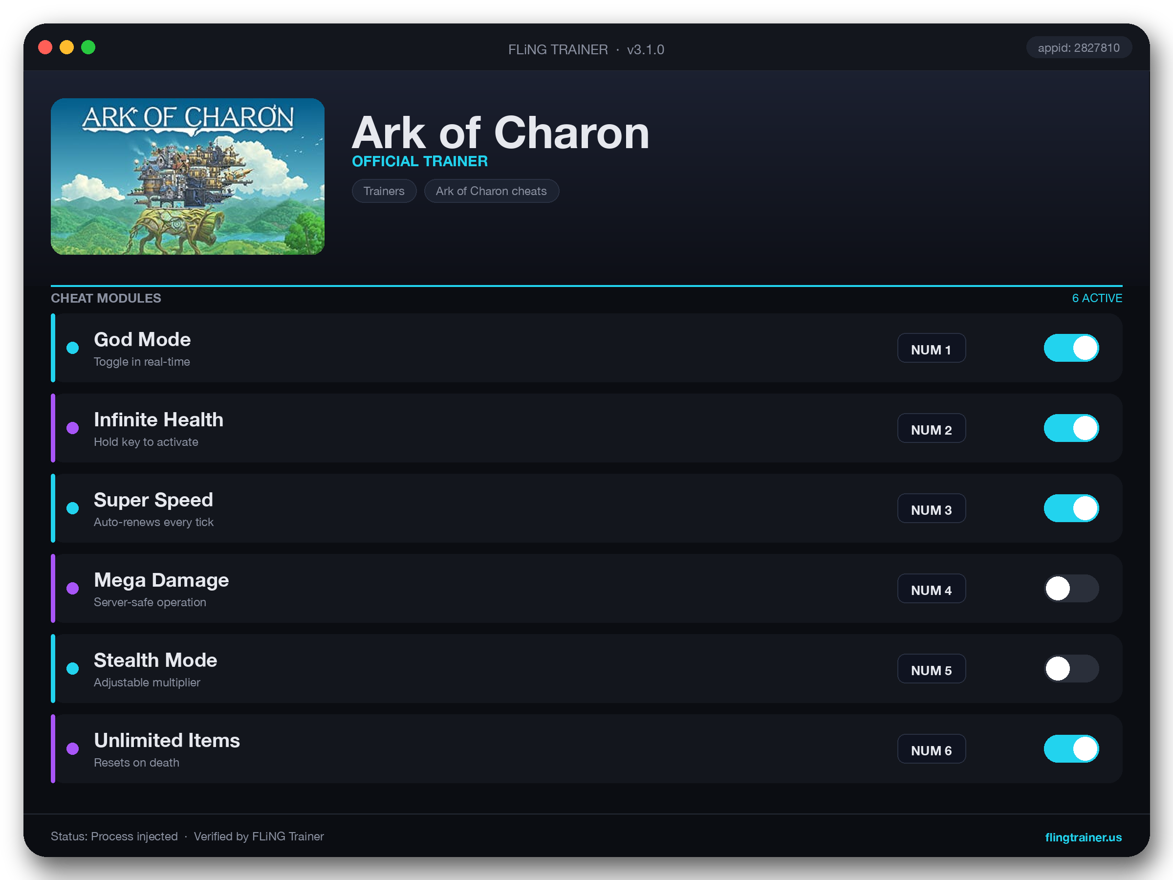 Ark of Charon Trainer interface