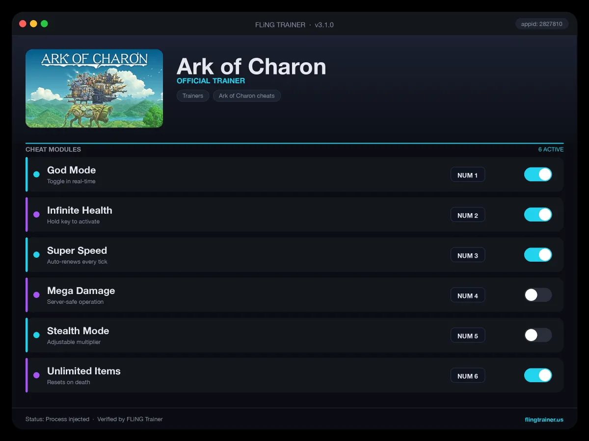 Ark of Charon Trainer interface