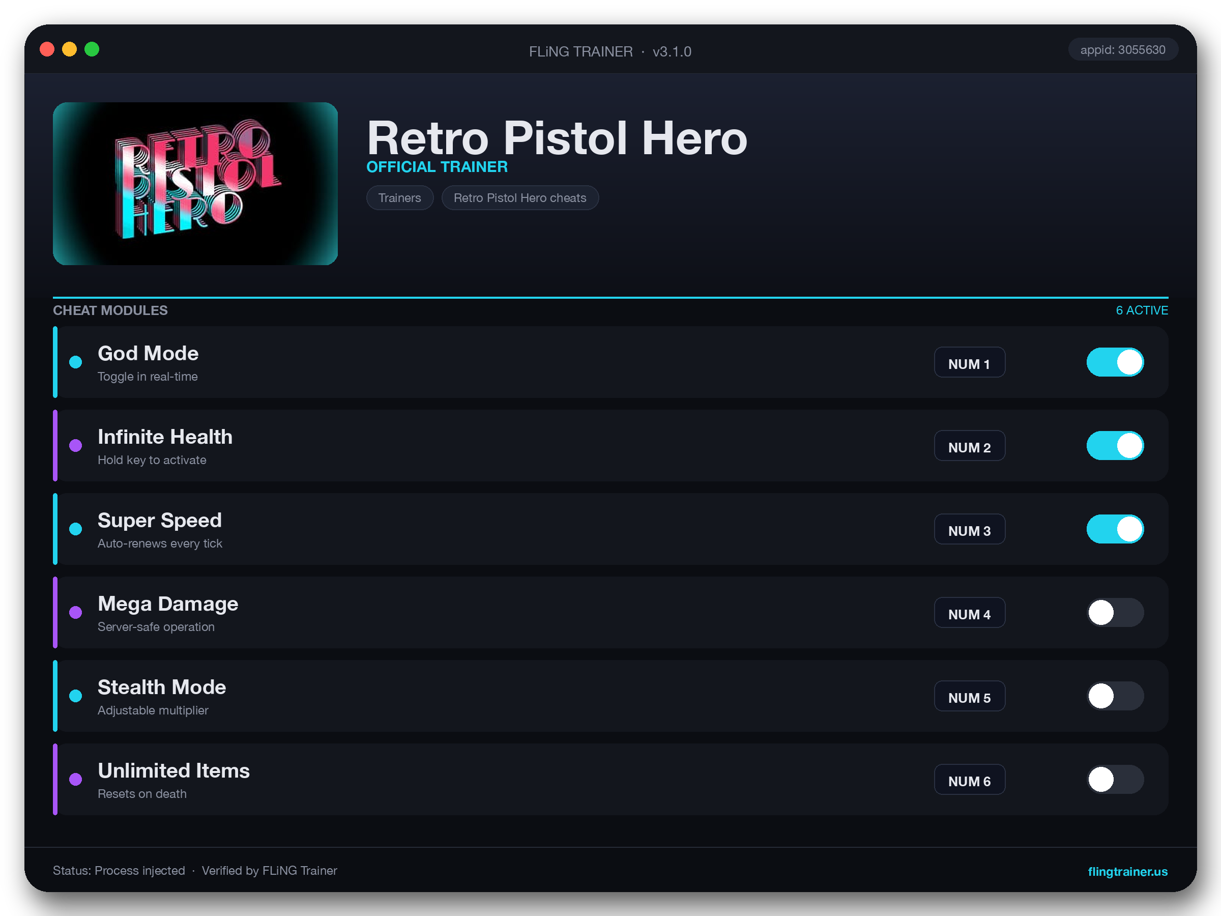 Retro Pistol Hero Trainer interface