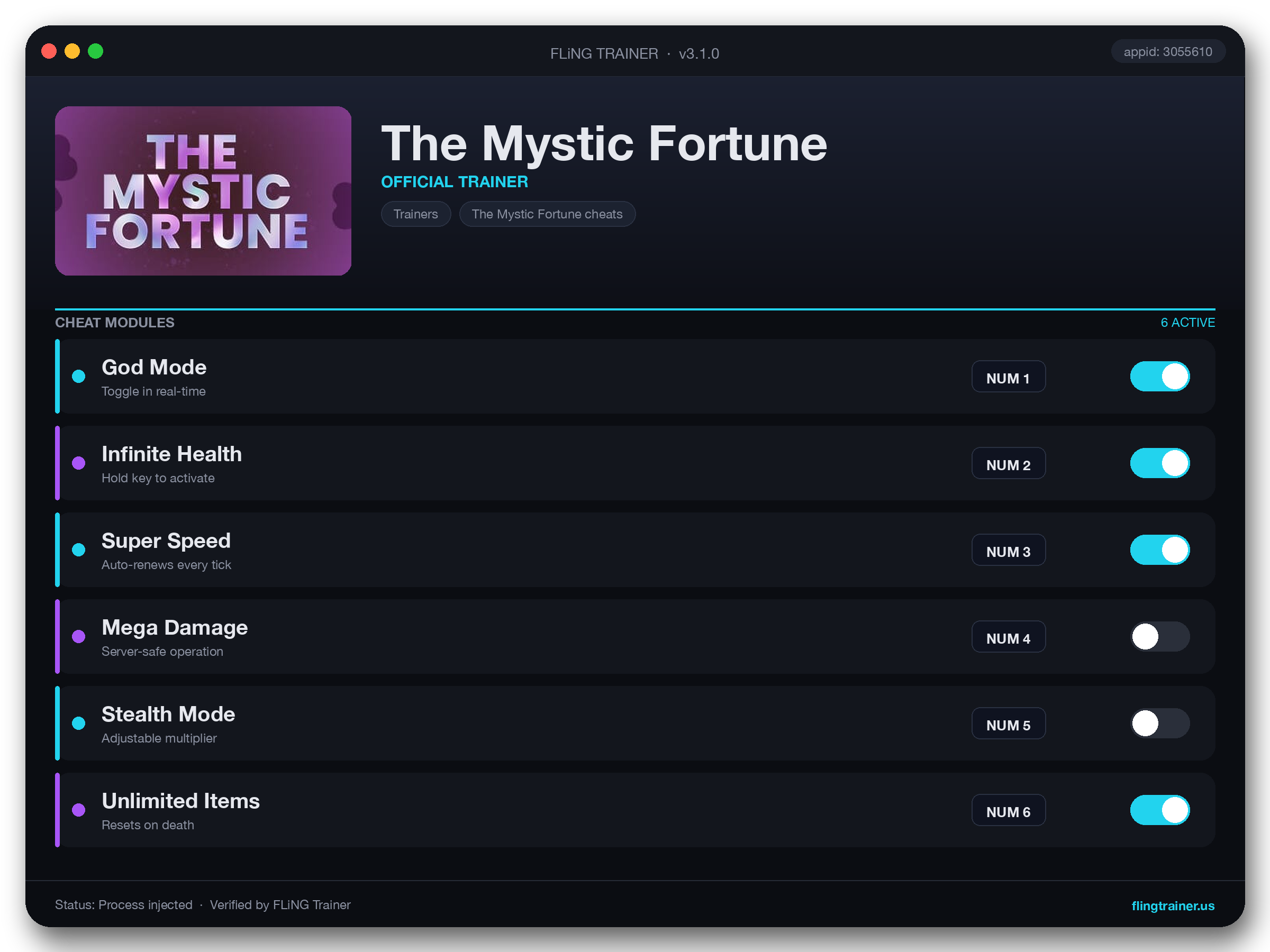 The Mystic Fortune Trainer interface