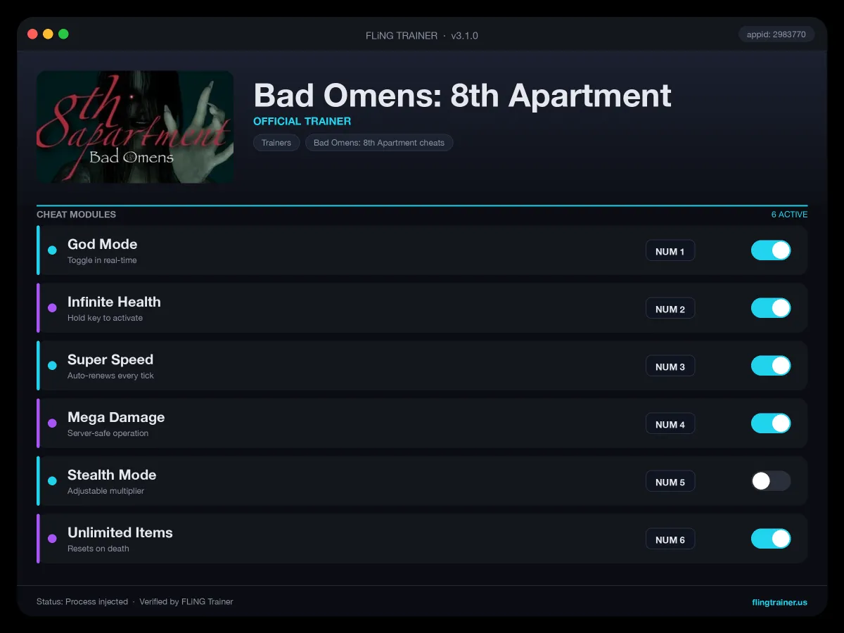 Bad Omens: 8th Apartment Trainer interface