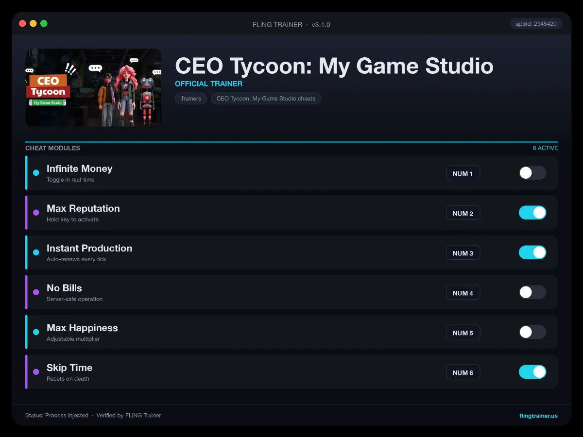 CEO Tycoon: My Game Studio Trainer interface