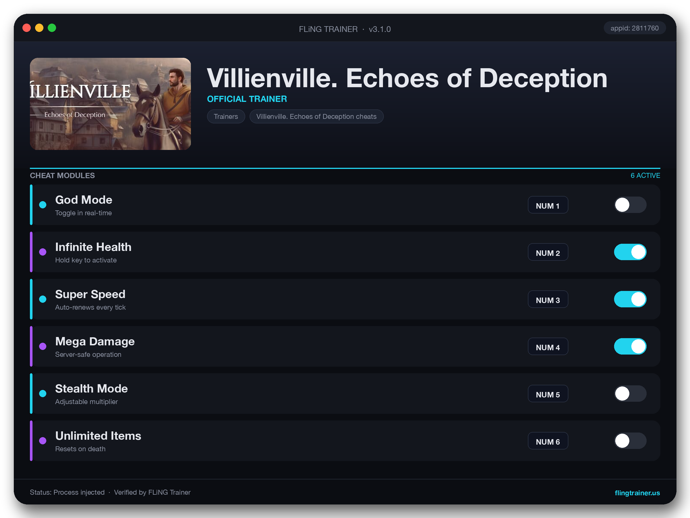 Villienville. Echoes of Deception Trainer interface