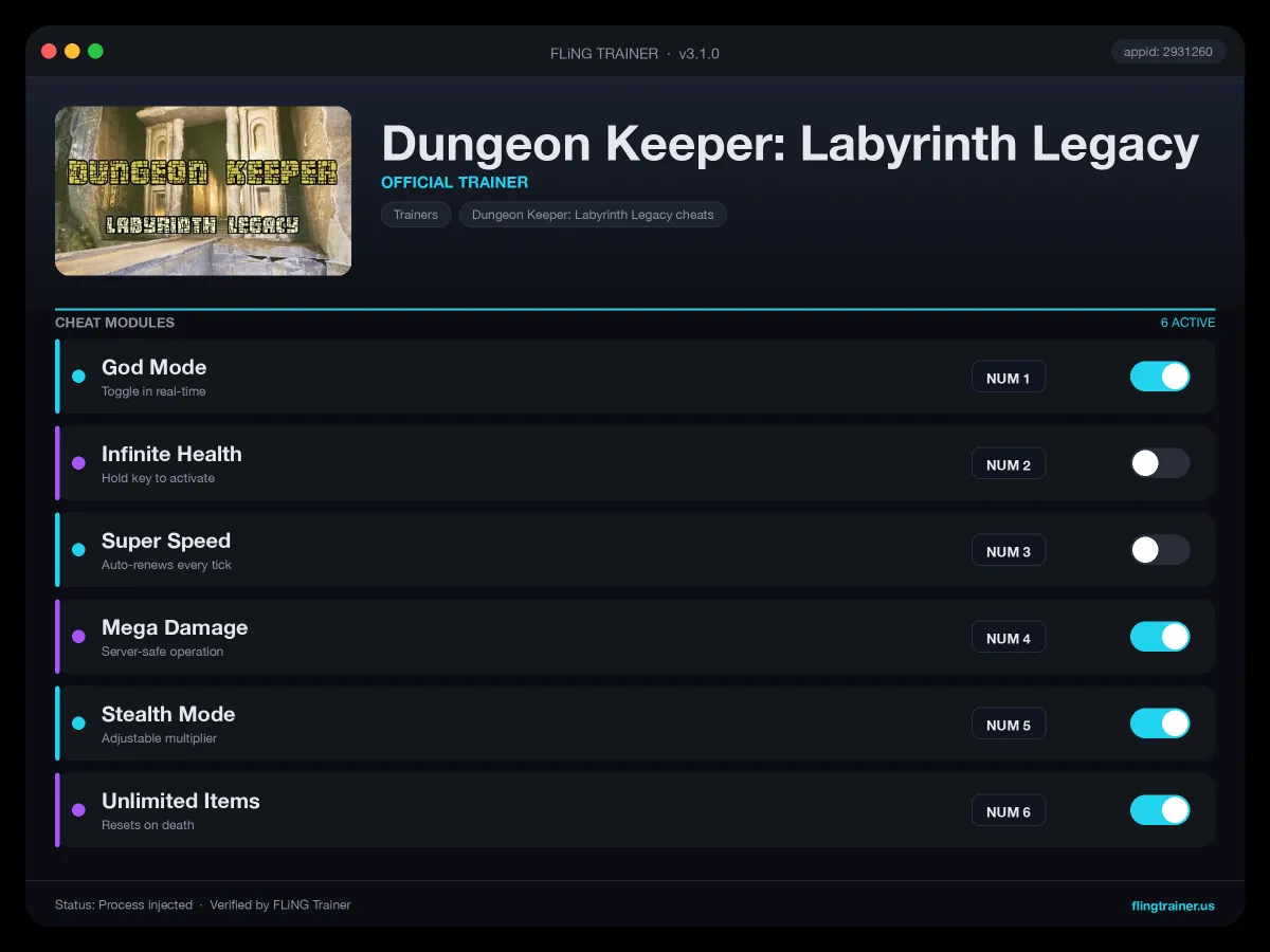 Dungeon Keeper: Labyrinth Legacy Trainer interface