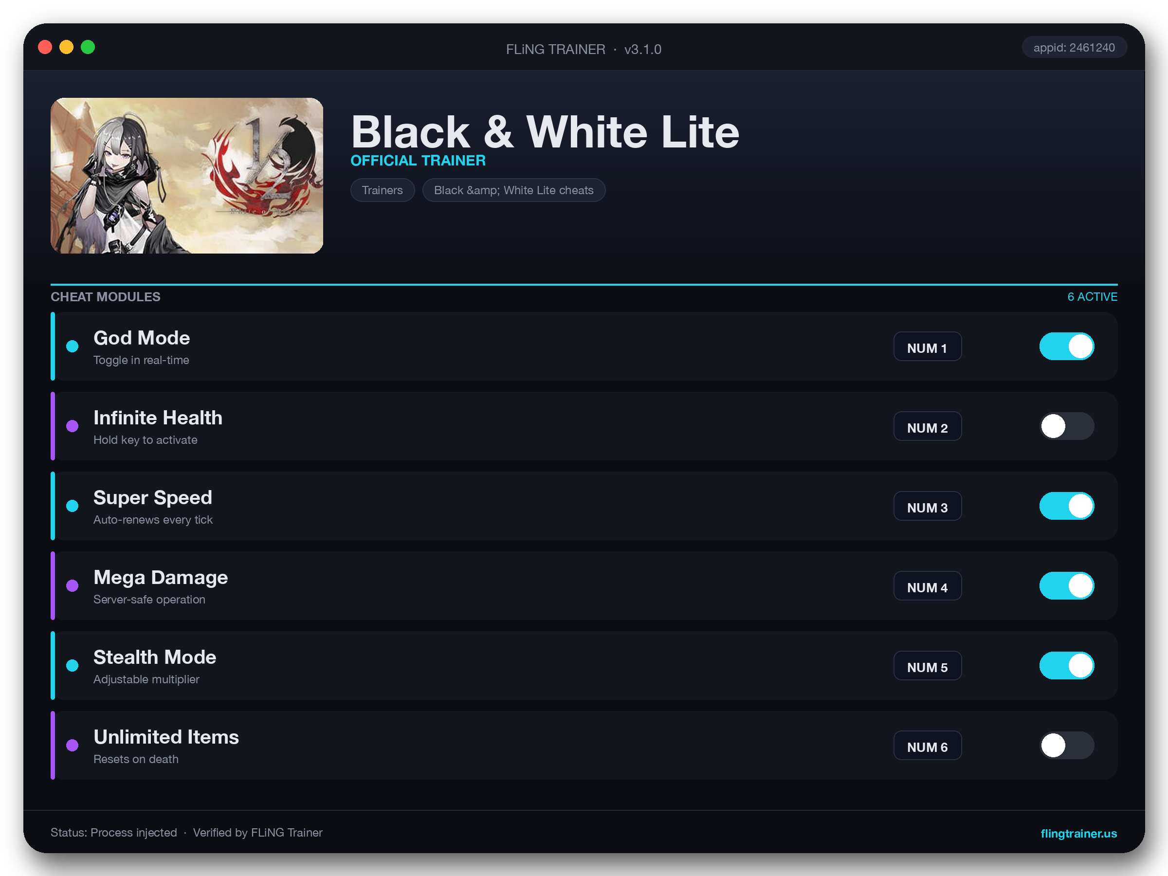 Black & White Lite Trainer interface