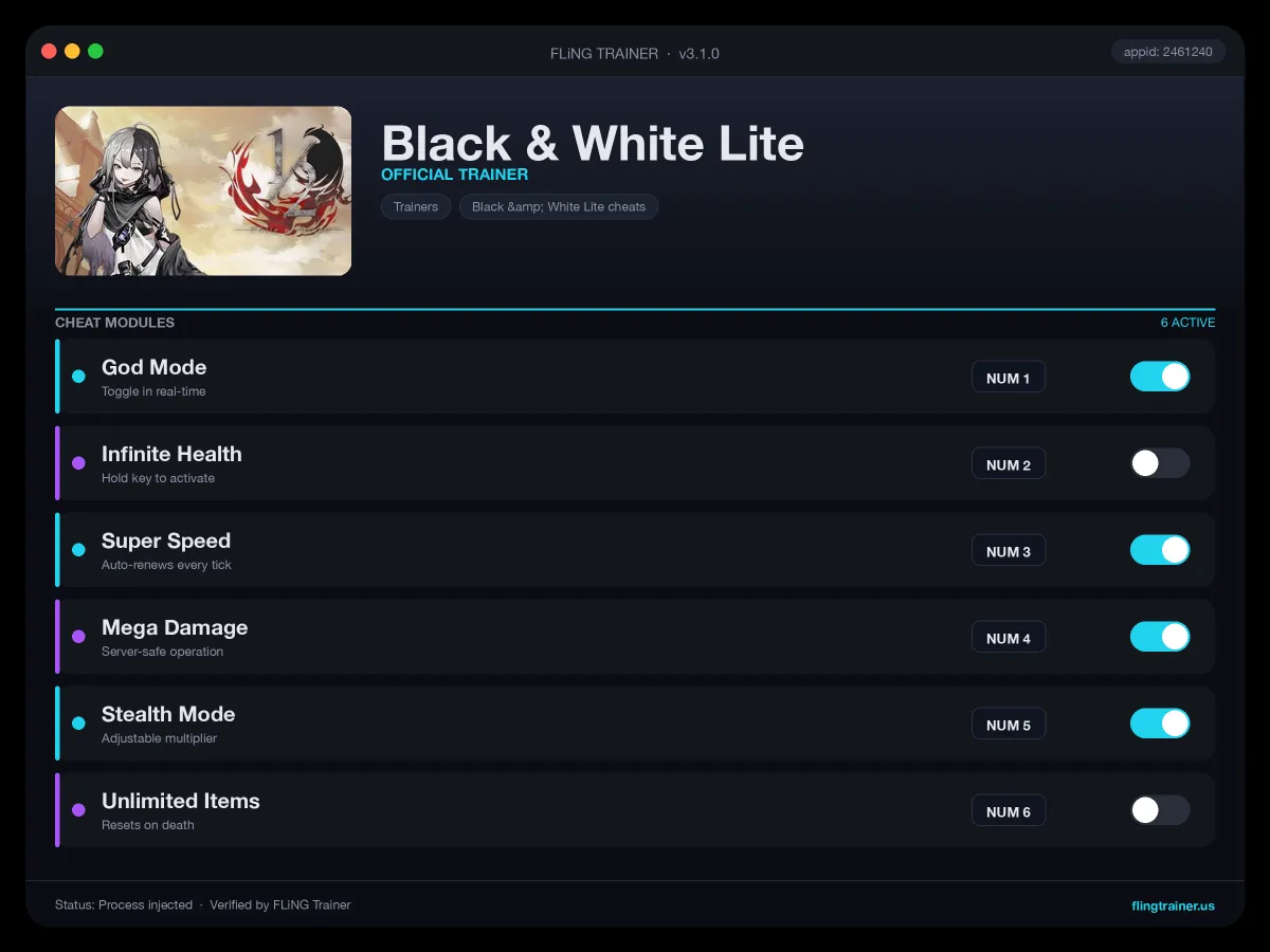 Black & White Lite Trainer interface