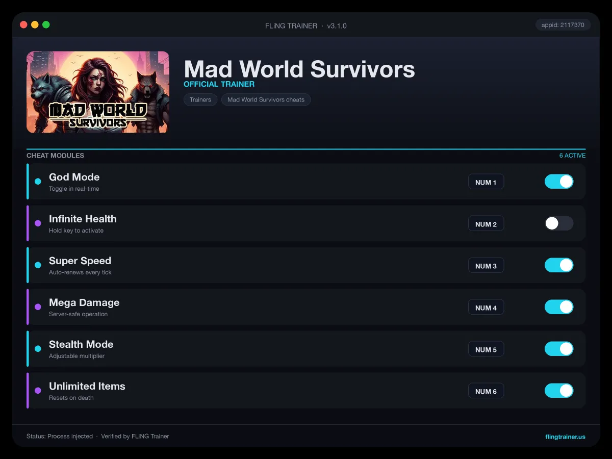 Mad World Survivors Trainer interface