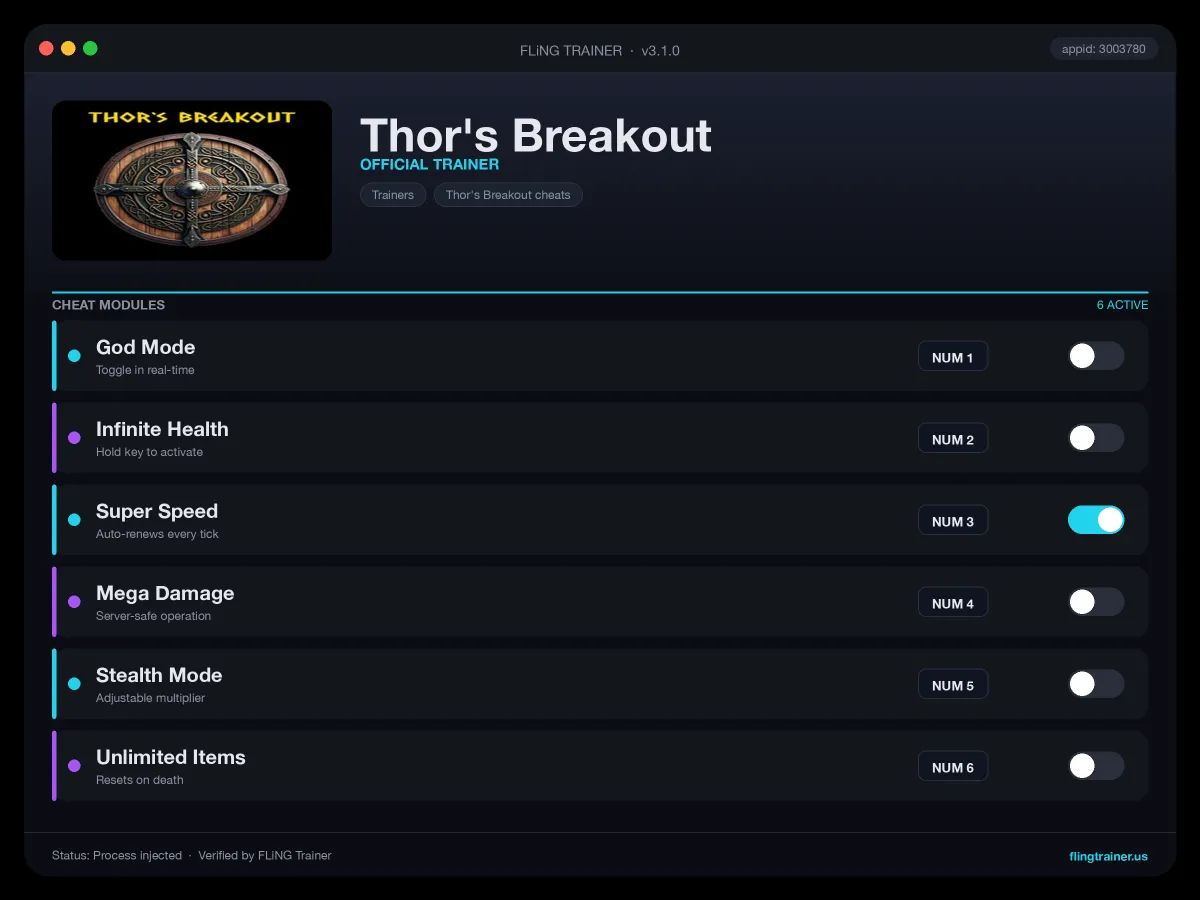 Thor's Breakout Trainer interface