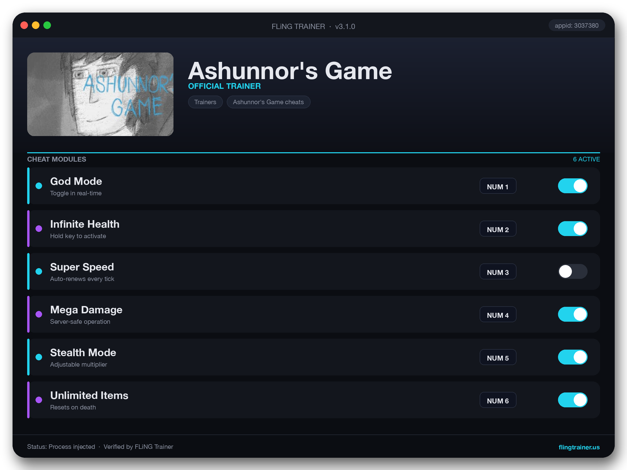 Ashunnor's Game Trainer interface