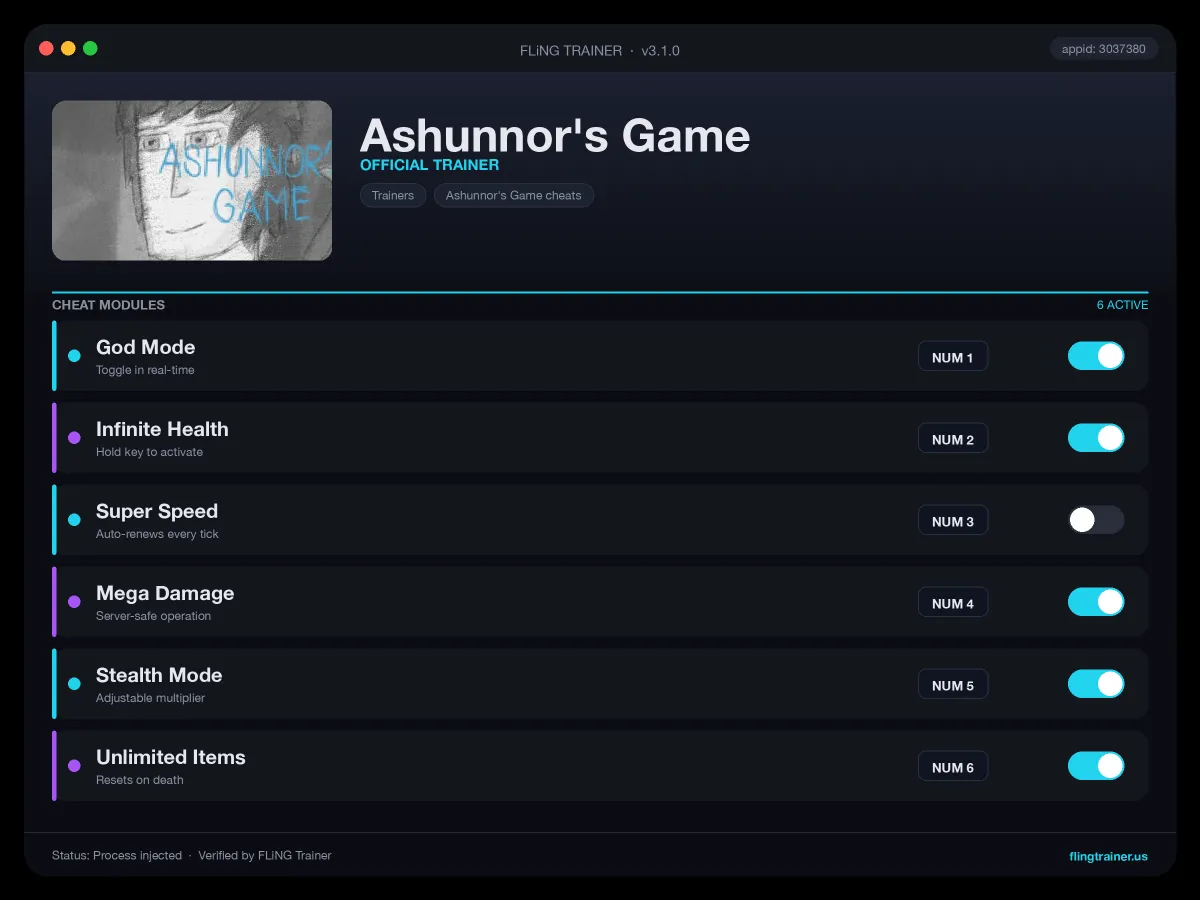 Ashunnor's Game Trainer interface