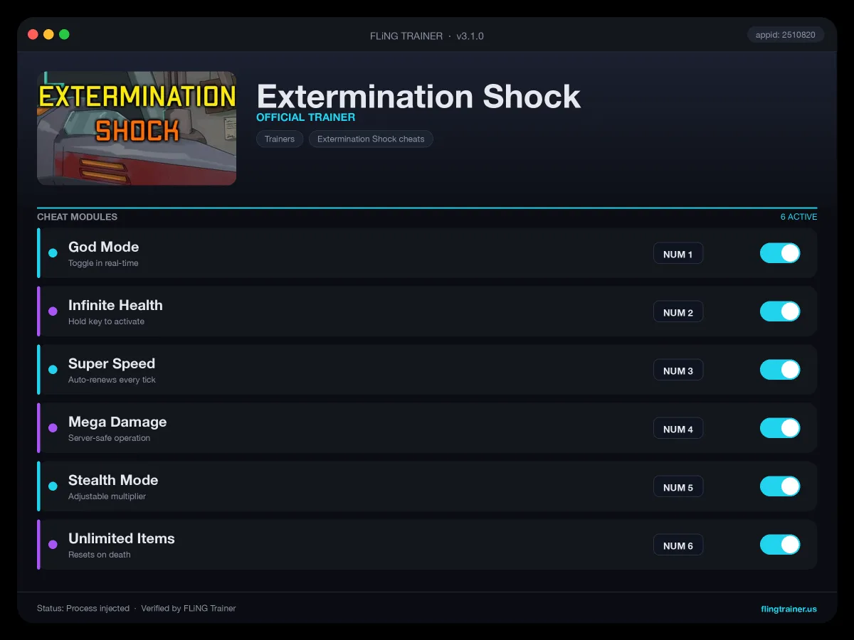 Extermination Shock Trainer interface