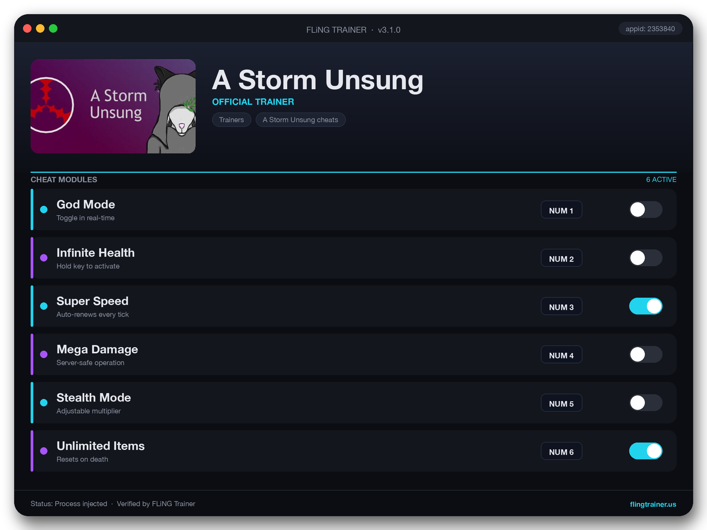 A Storm Unsung Trainer interface
