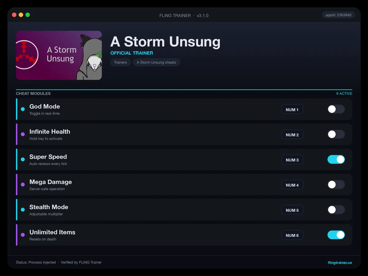 A Storm Unsung Trainer interface