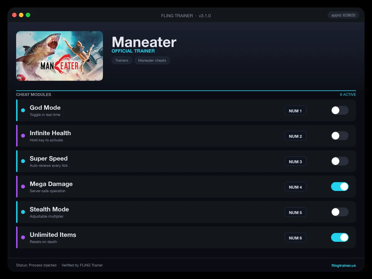 Maneater Trainer interface