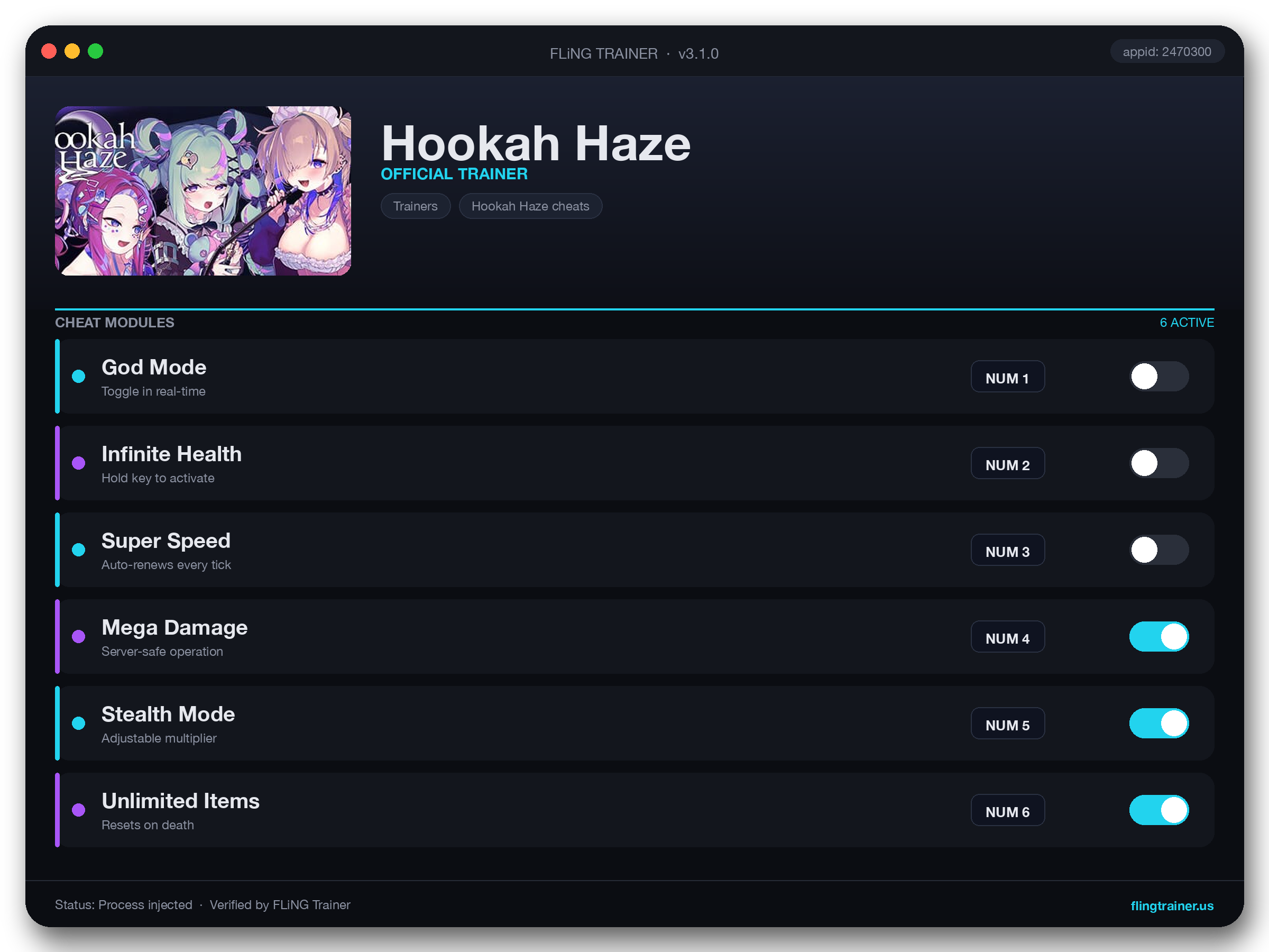 Hookah Haze Trainer interface