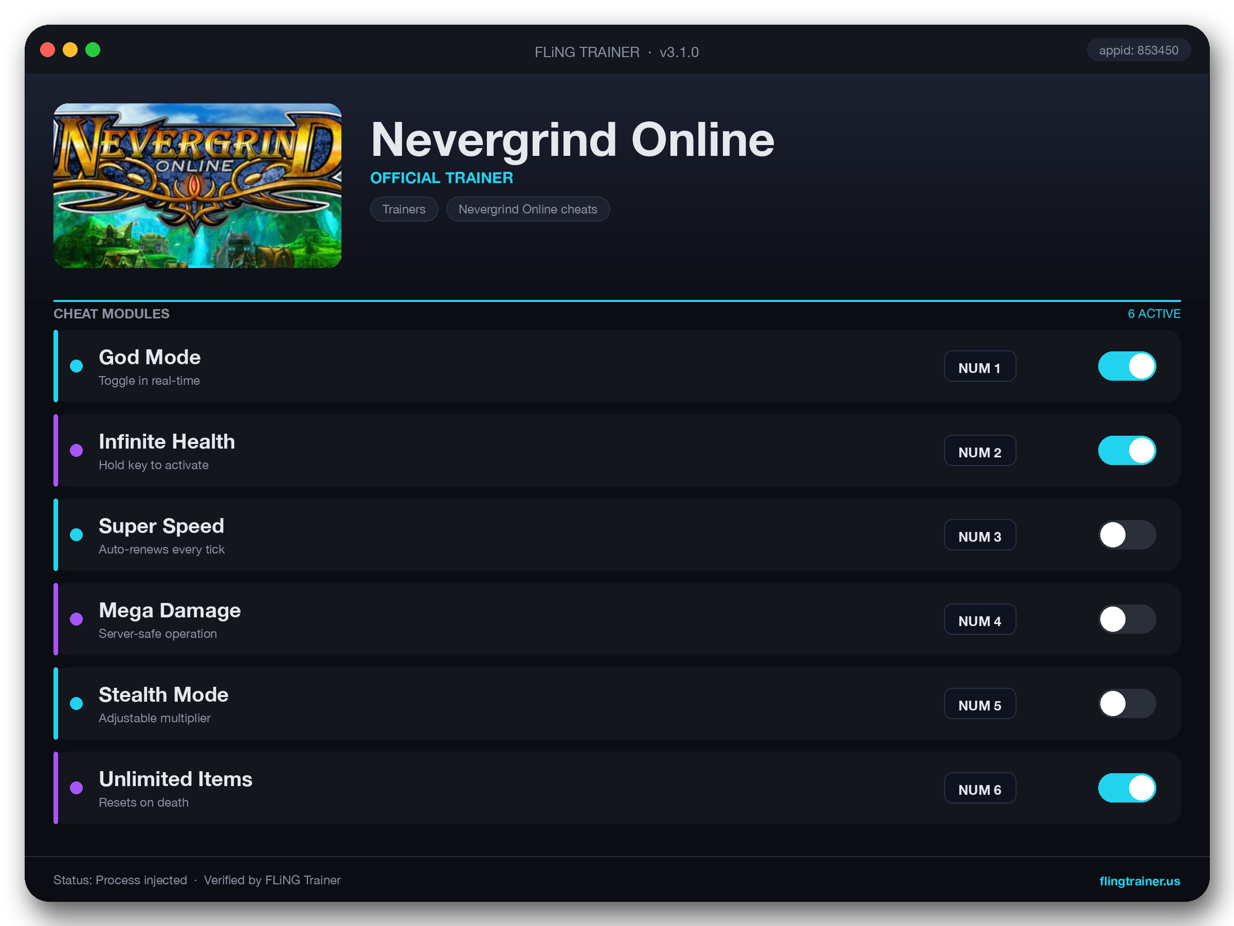 Nevergrind Online Trainer interface