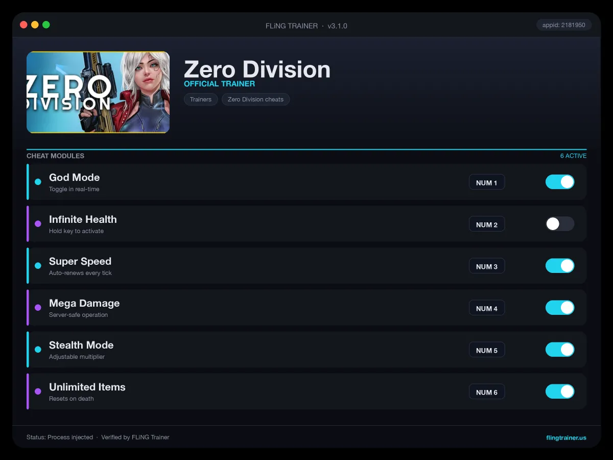 Zero Division Trainer interface