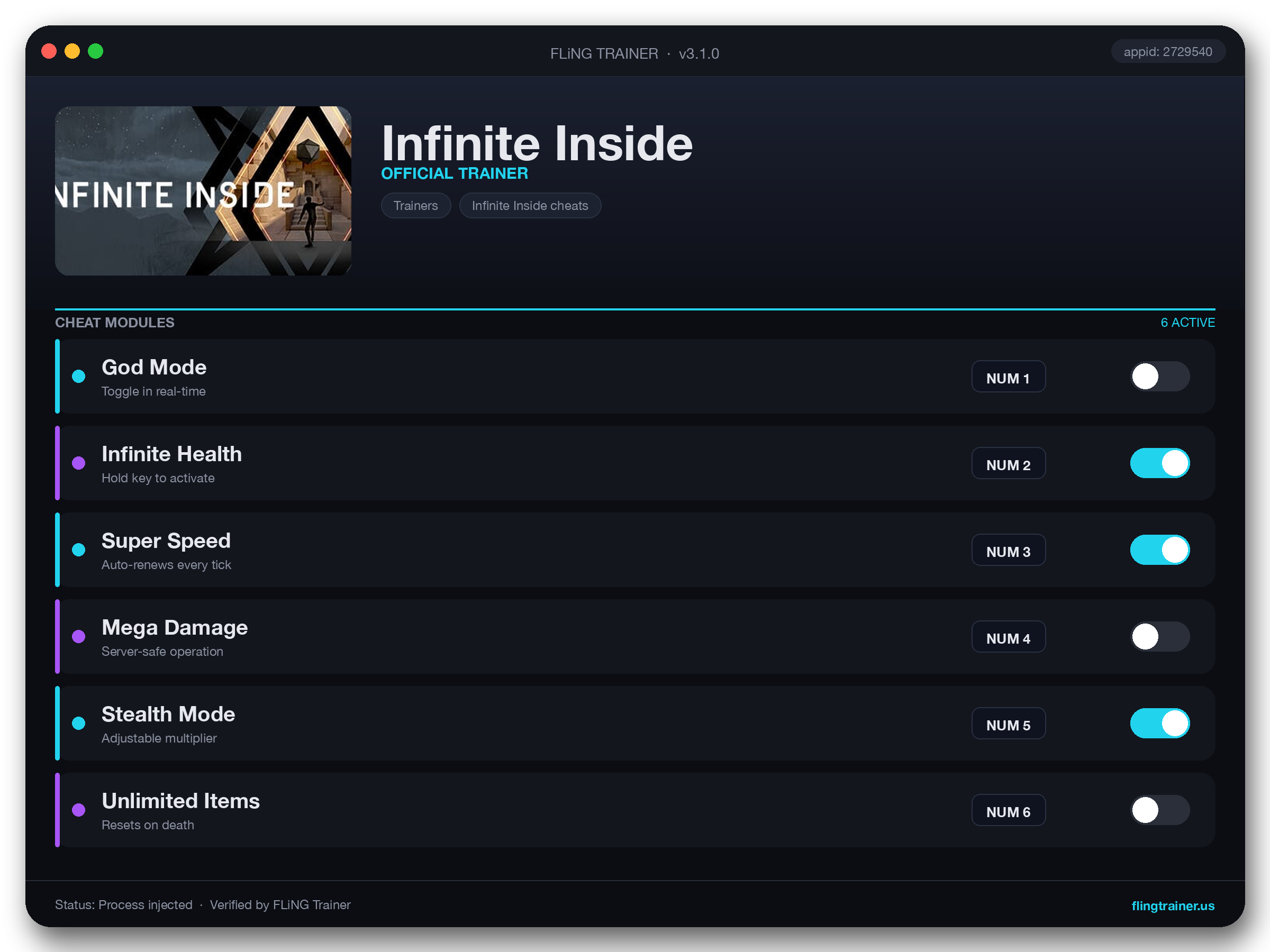 Infinite Inside Trainer interface