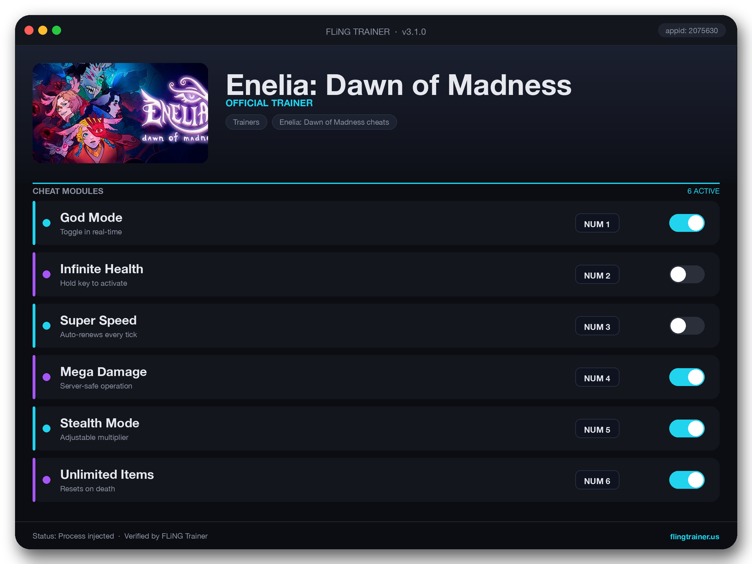 Enelia: Dawn of Madness Trainer interface