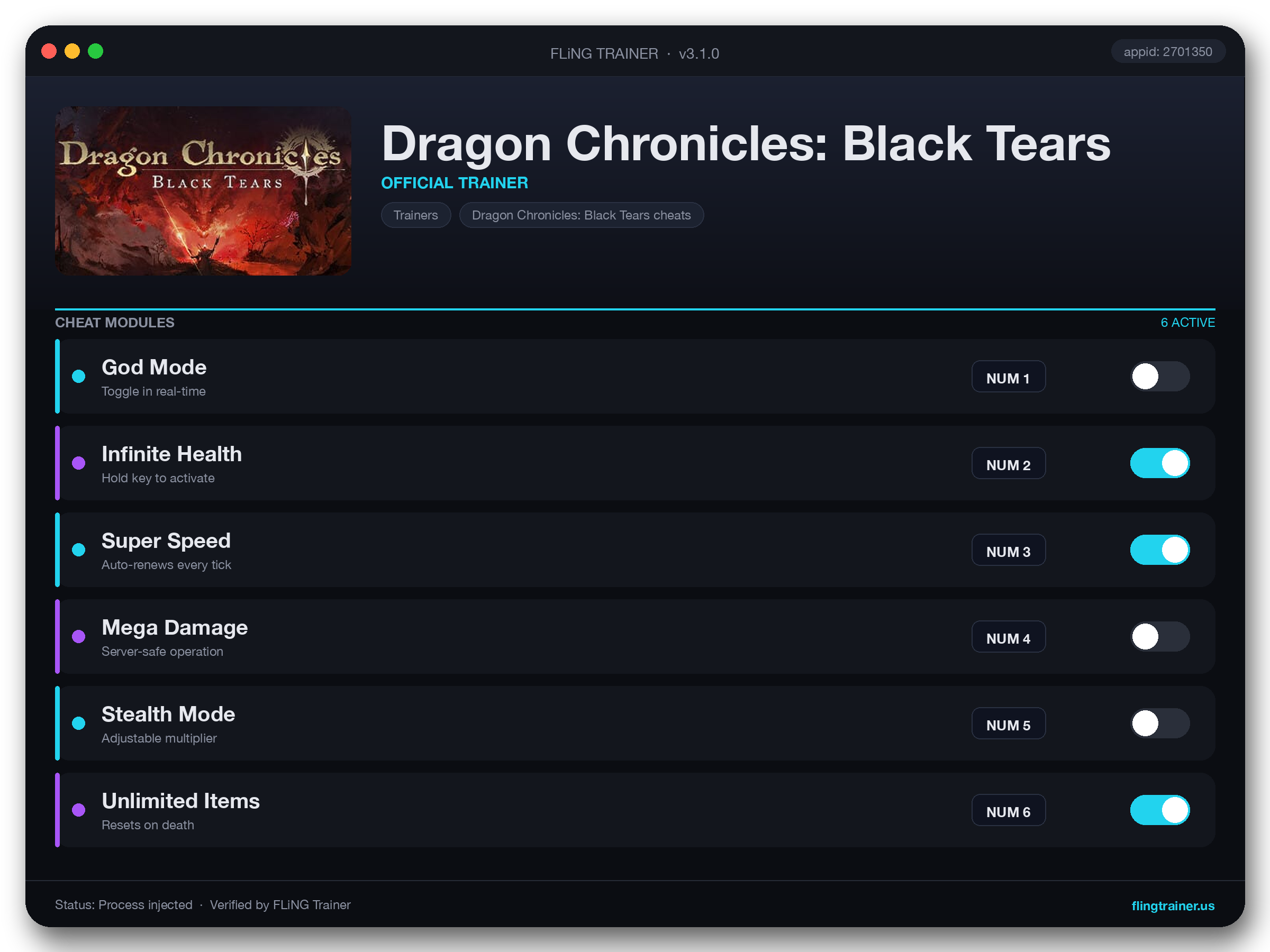 Dragon Chronicles: Black Tears Trainer interface