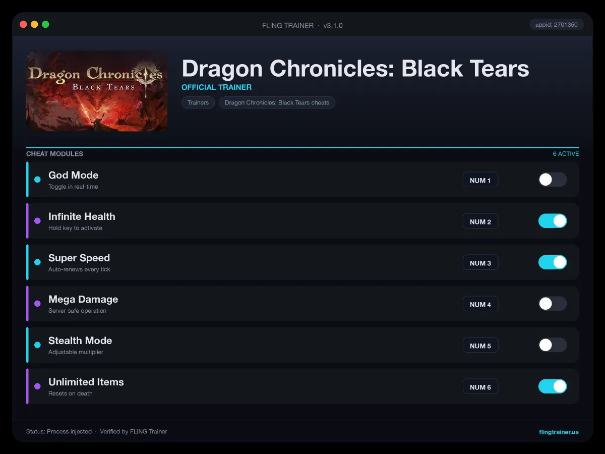 Dragon Chronicles: Black Tears Trainer interface