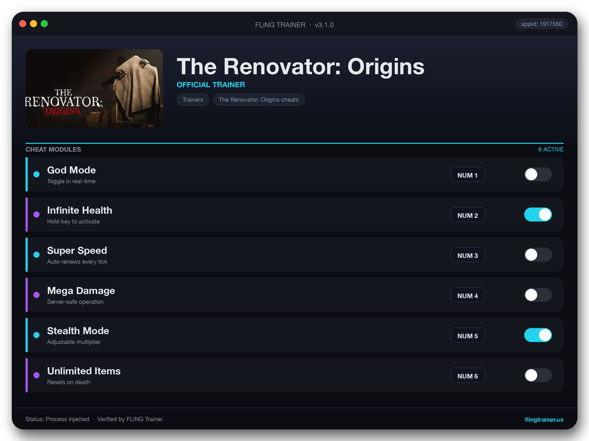 The Renovator: Origins Trainer interface