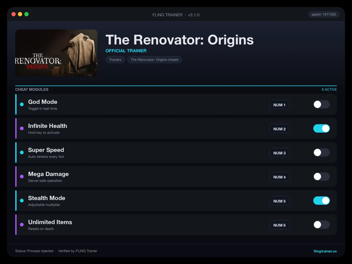 The Renovator: Origins Trainer interface