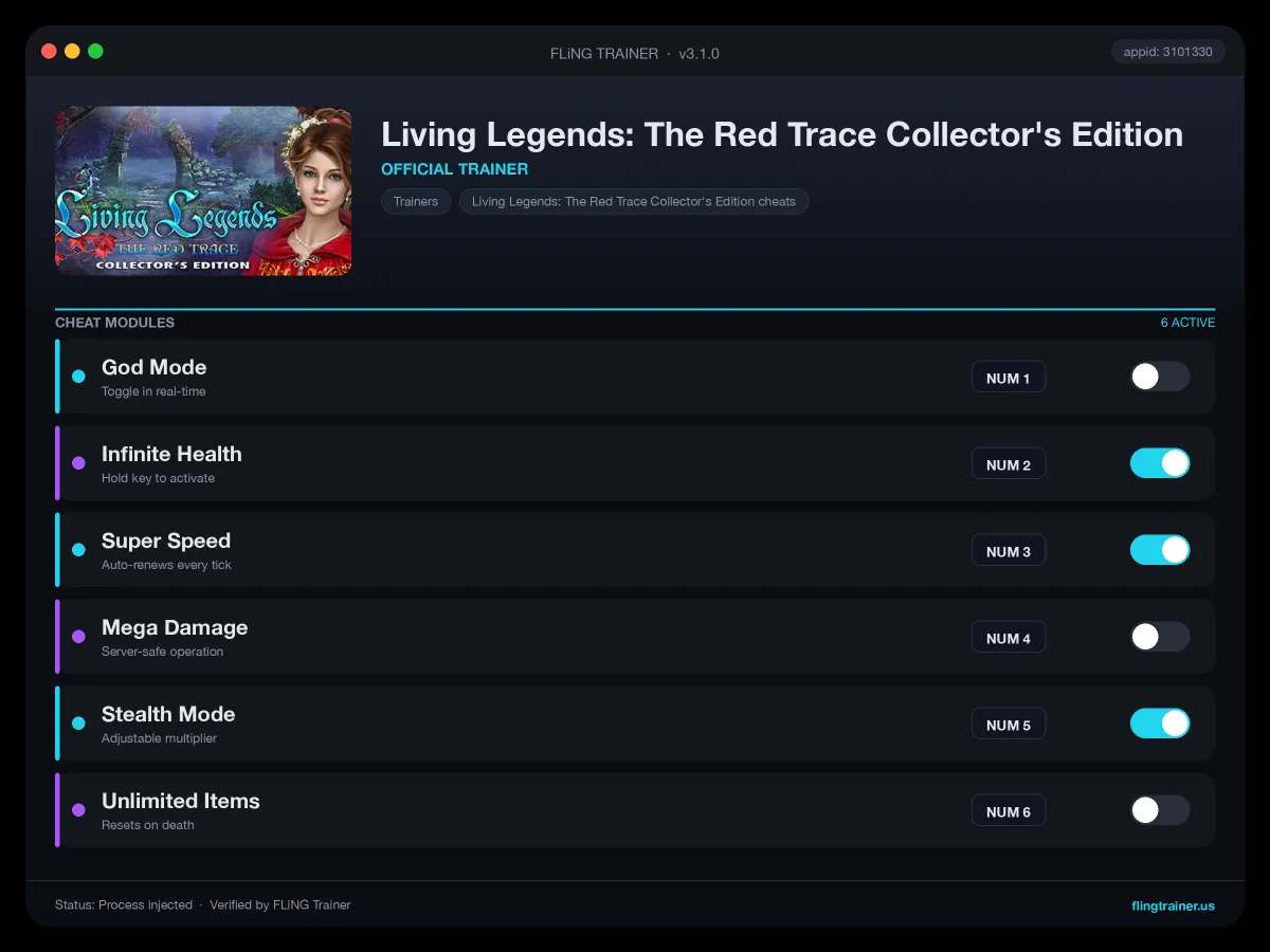 Living Legends: The Red Trace Collector's Edition Trainer interface