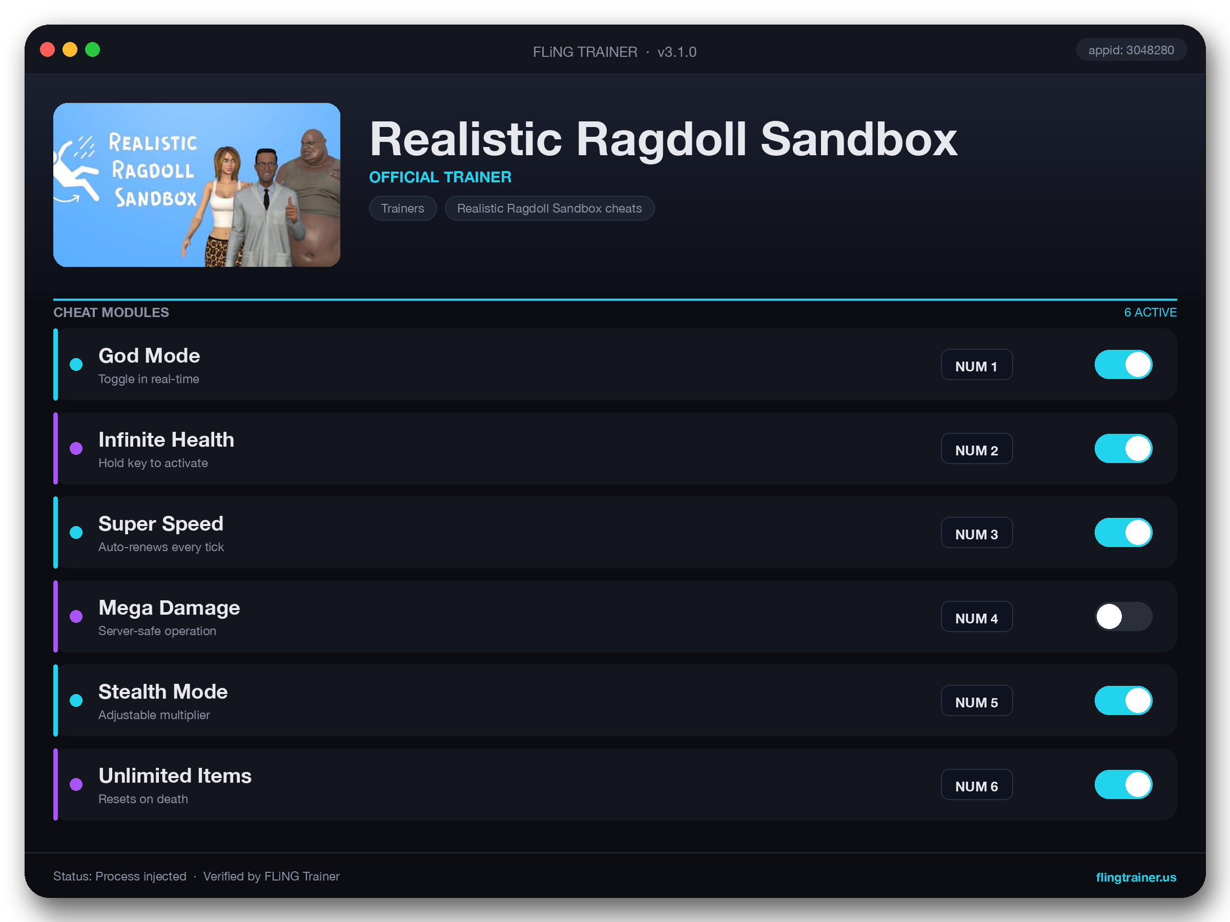 Realistic Ragdoll Sandbox Trainer interface