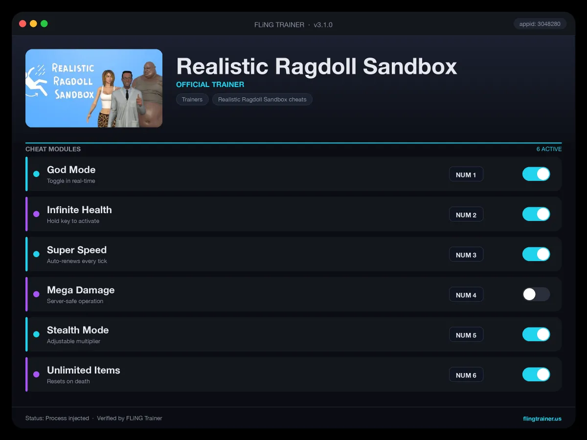Realistic Ragdoll Sandbox Trainer interface