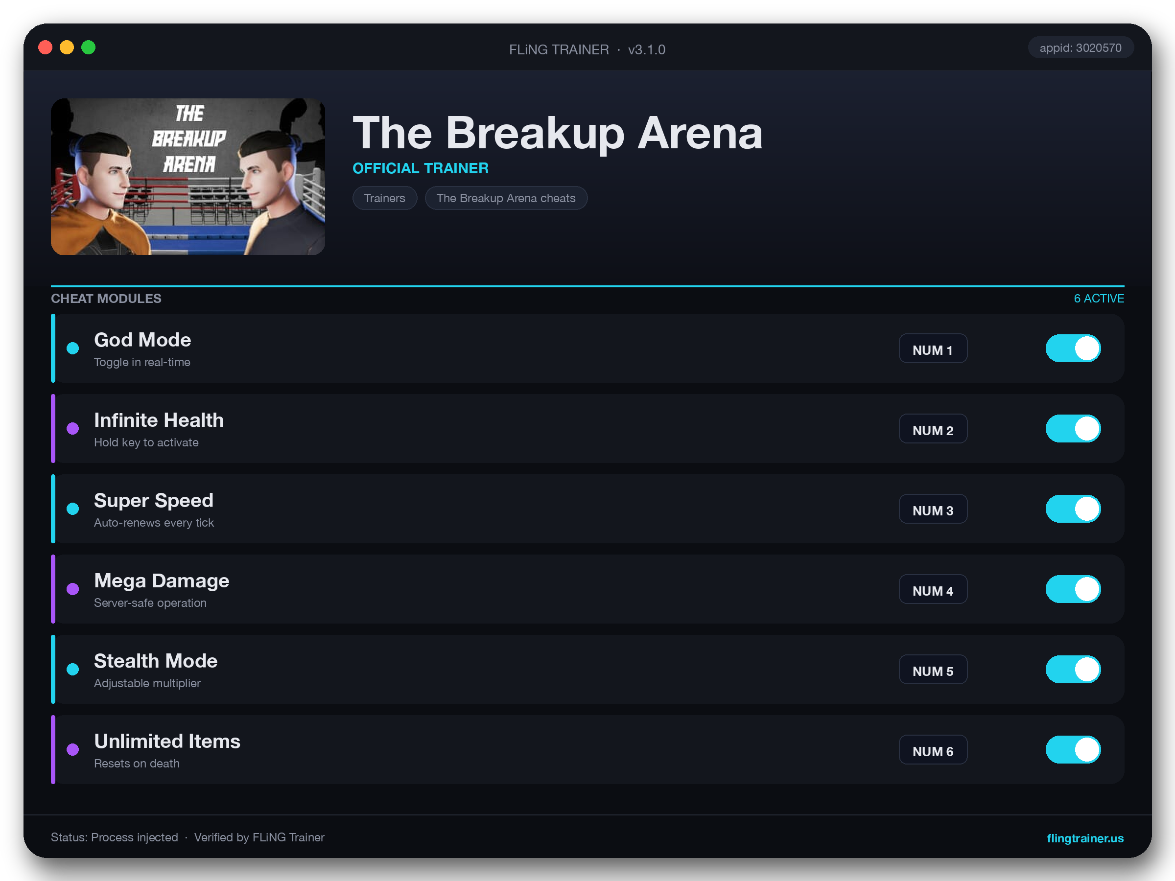 The Breakup Arena Trainer interface