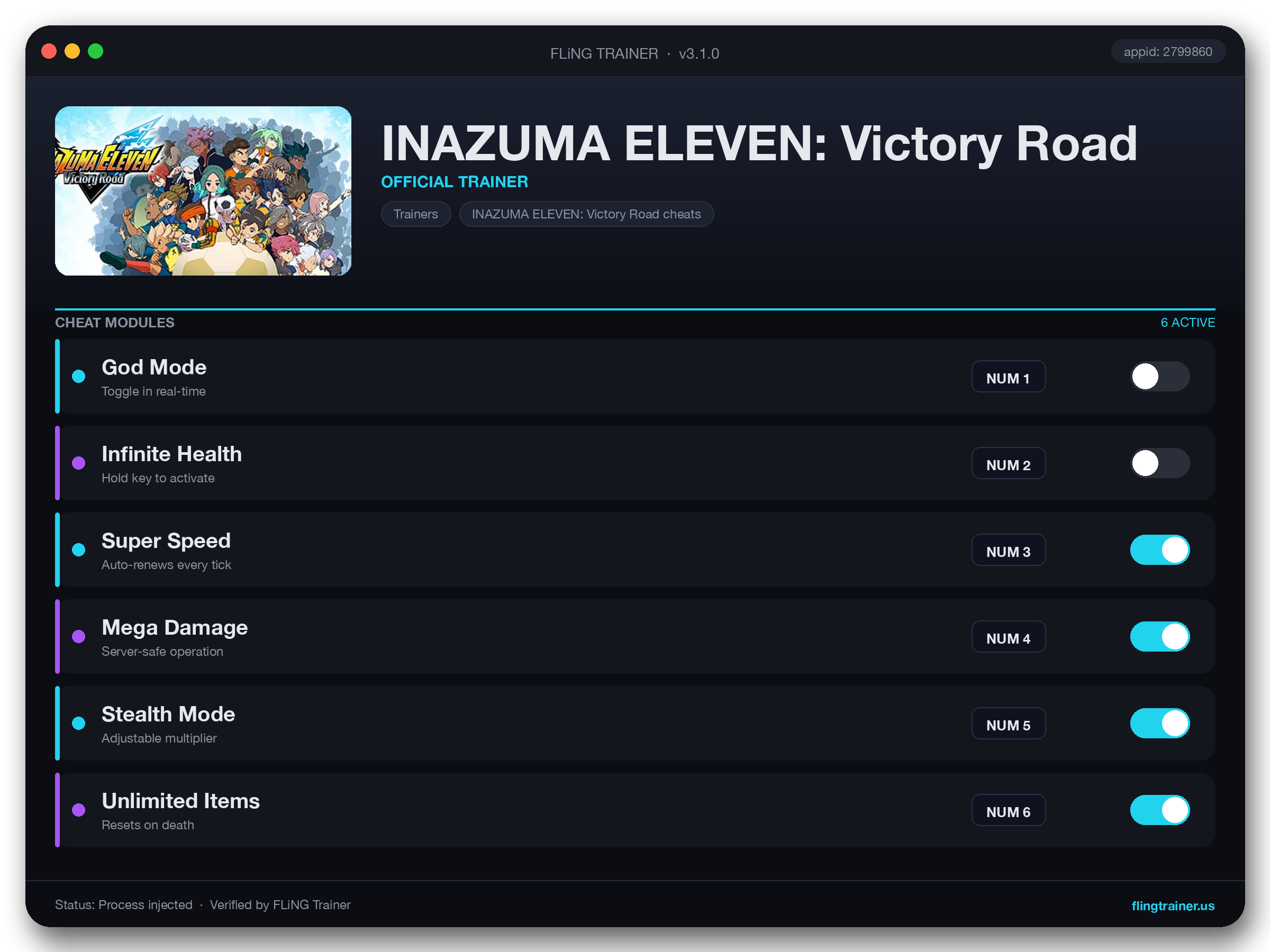 INAZUMA ELEVEN: Victory Road Trainer interface