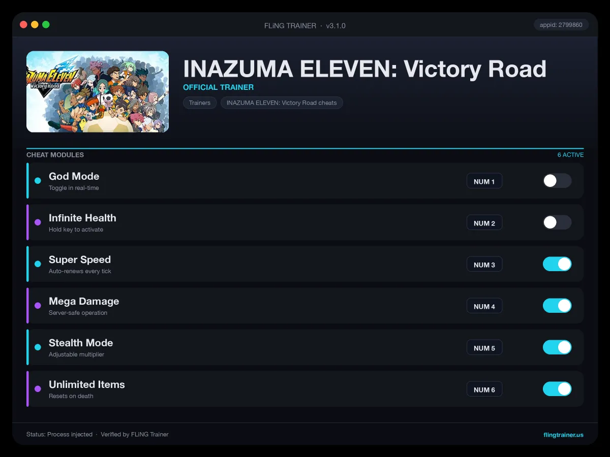 INAZUMA ELEVEN: Victory Road Trainer interface