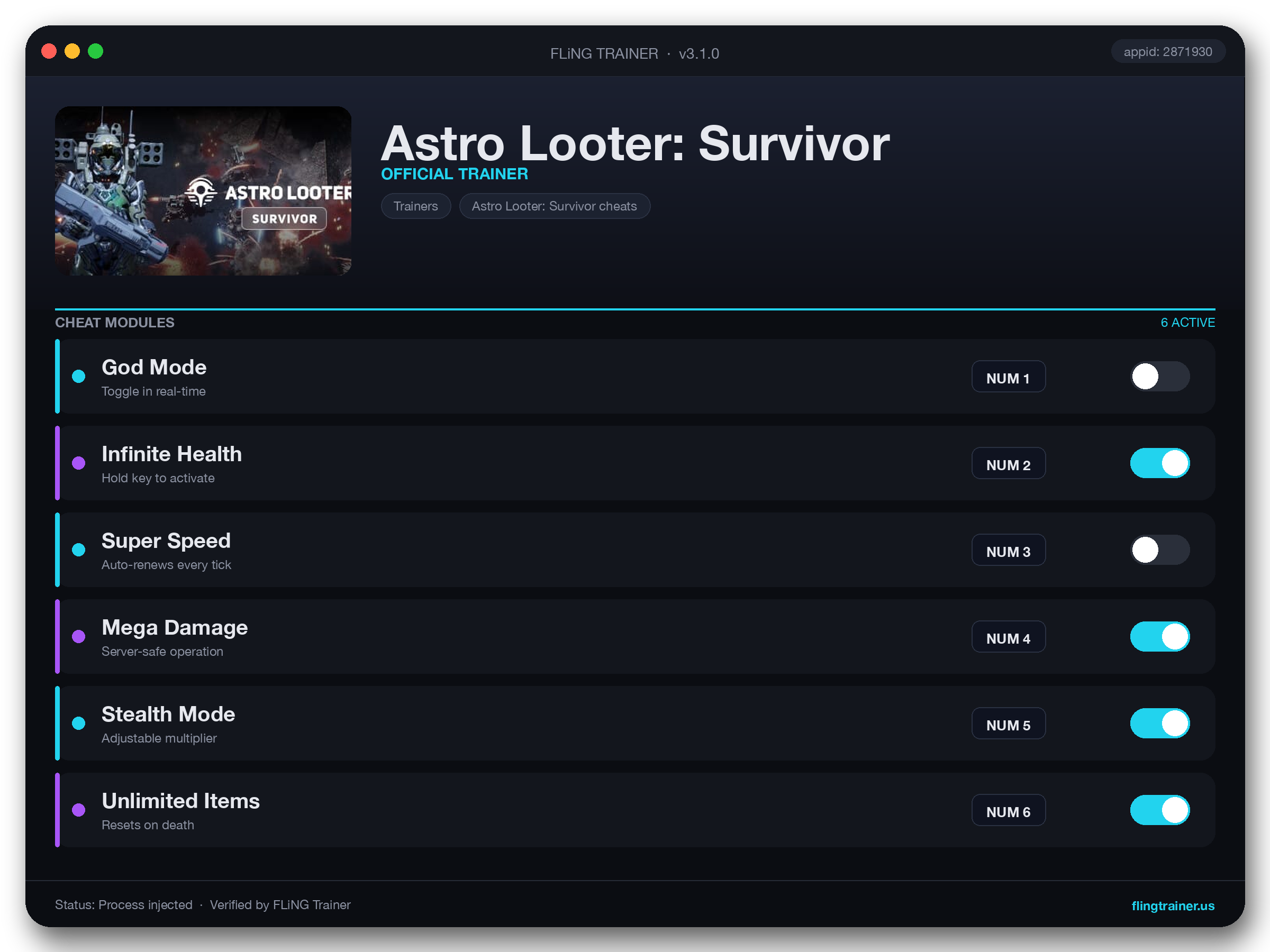 Astro Looter: Survivor Trainer interface