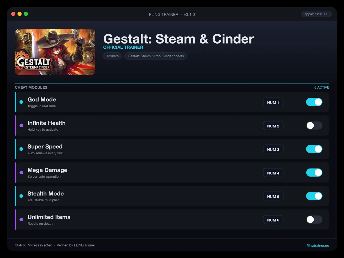 Gestalt: Steam & Cinder Trainer interface