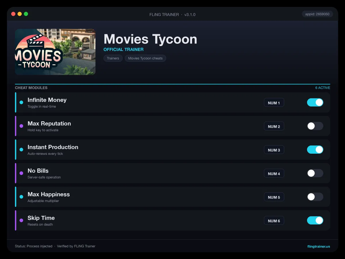 Movies Tycoon Trainer interface