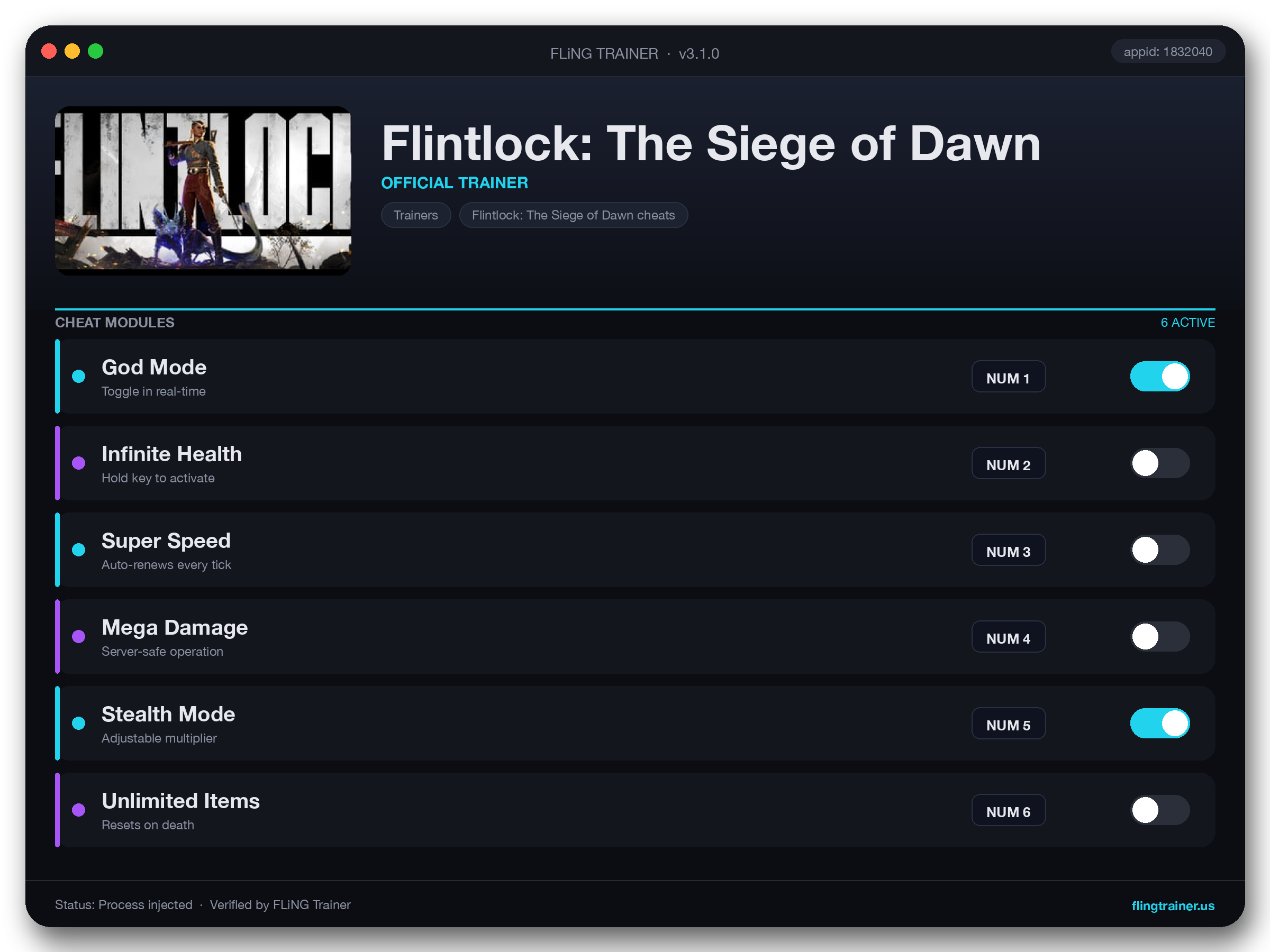 Flintlock: The Siege of Dawn Trainer interface