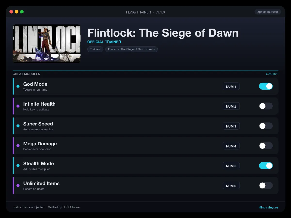 Flintlock: The Siege of Dawn Trainer interface