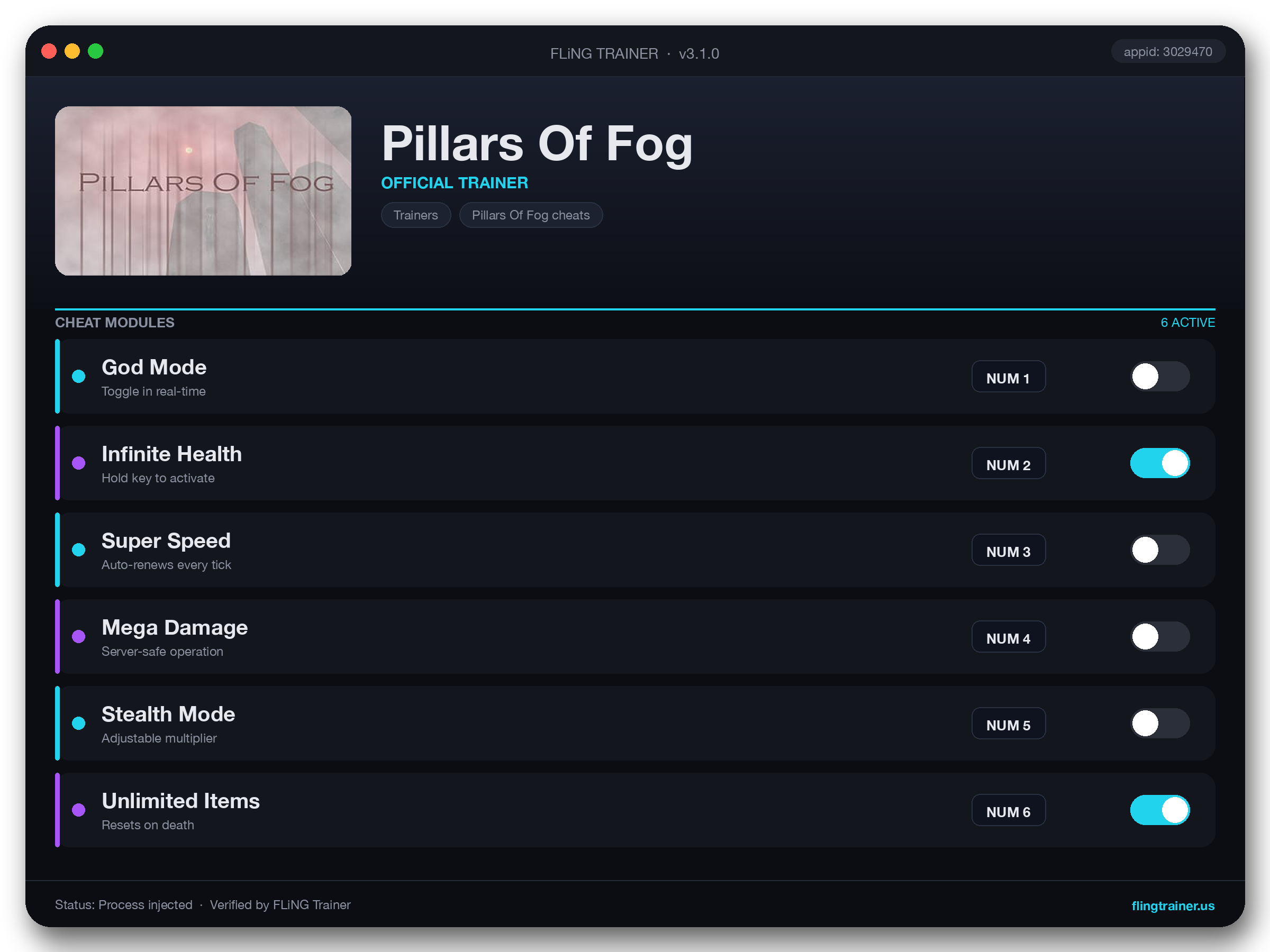 Pillars Of Fog Trainer interface