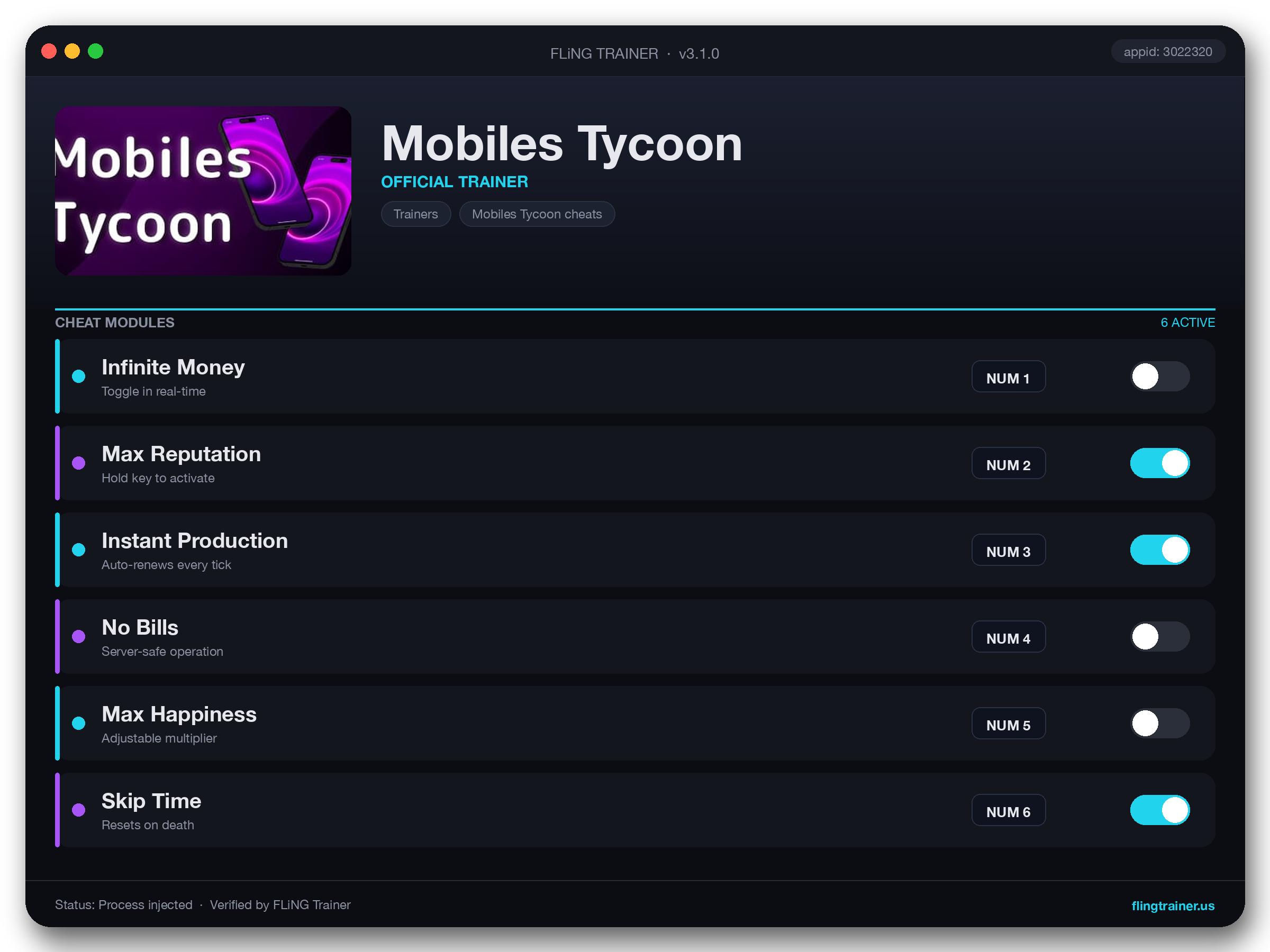 Mobiles Tycoon Trainer interface