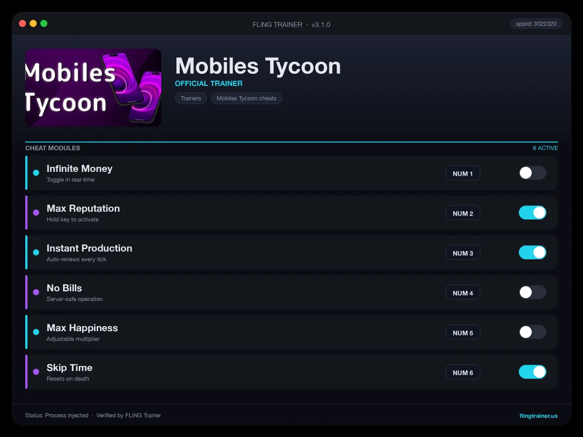Mobiles Tycoon Trainer interface